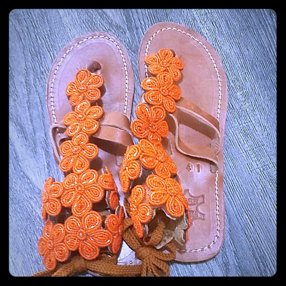 Orange flower beads sandals